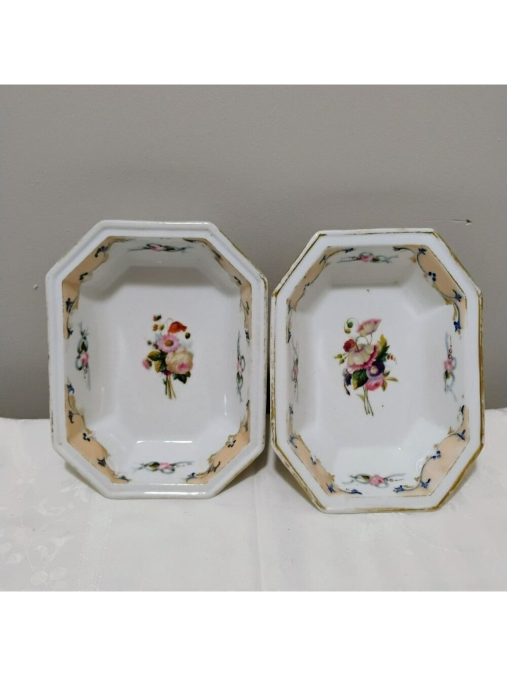 Antique French Porcelain 10" Octagon Serving Bowls Pair, Gilt Gold Floral Dishes